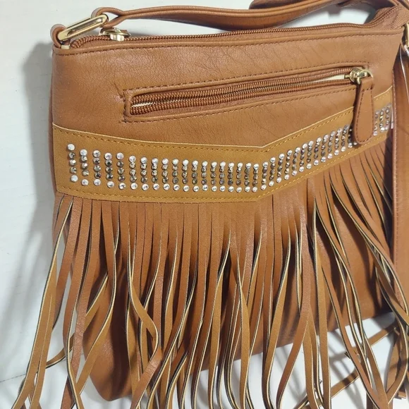 NWT VIETA Fringed Rhinestone Crossbody Purse Brown Faux Leather Back Pocket - Picture 2 of 15